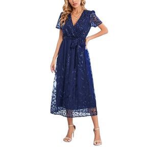 C.CLINE Navy Blue Floral Embroidered Midi Surplice Dress Women Size 2XL